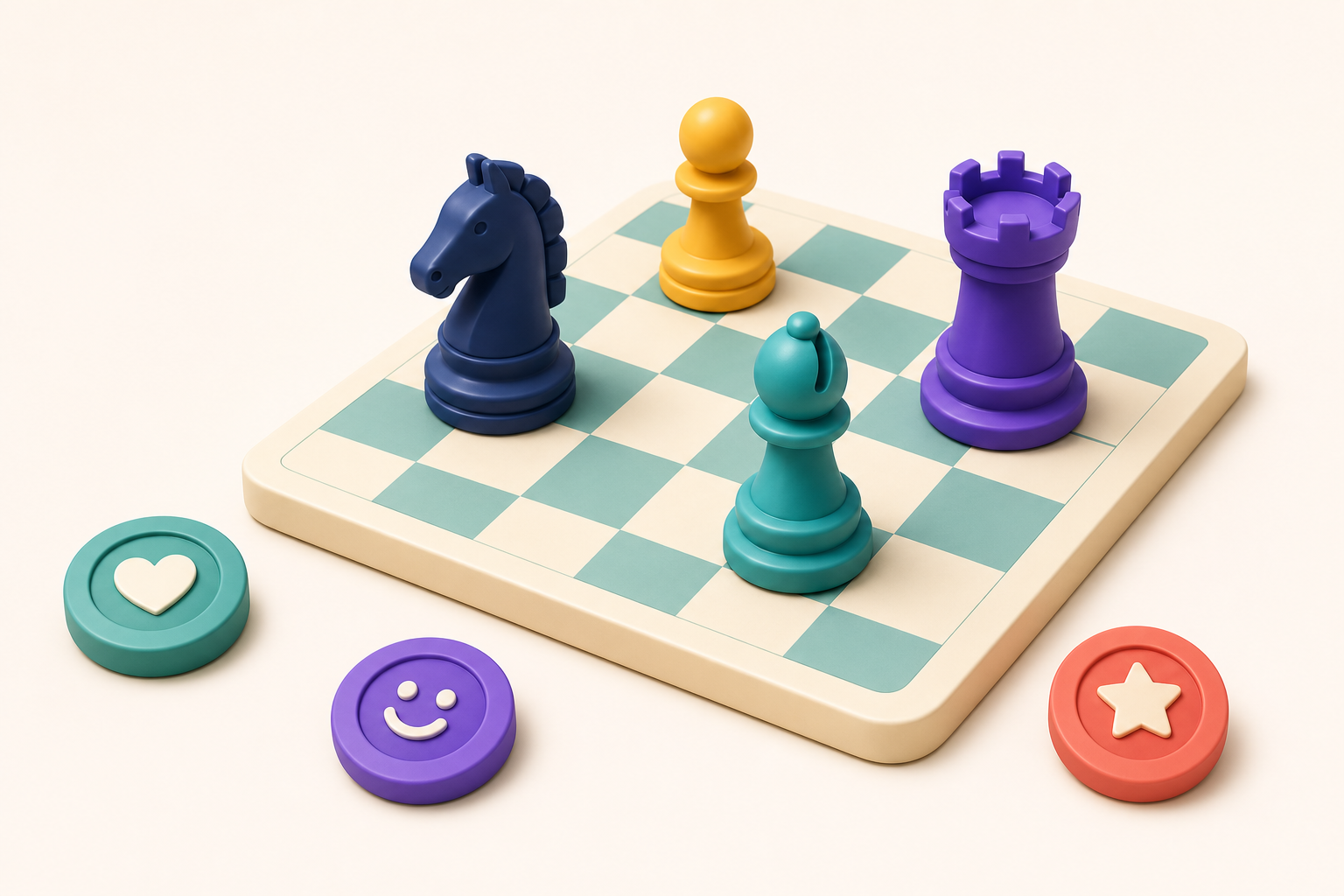 Colorful chess pieces and playful tokens on a rounded chessboard